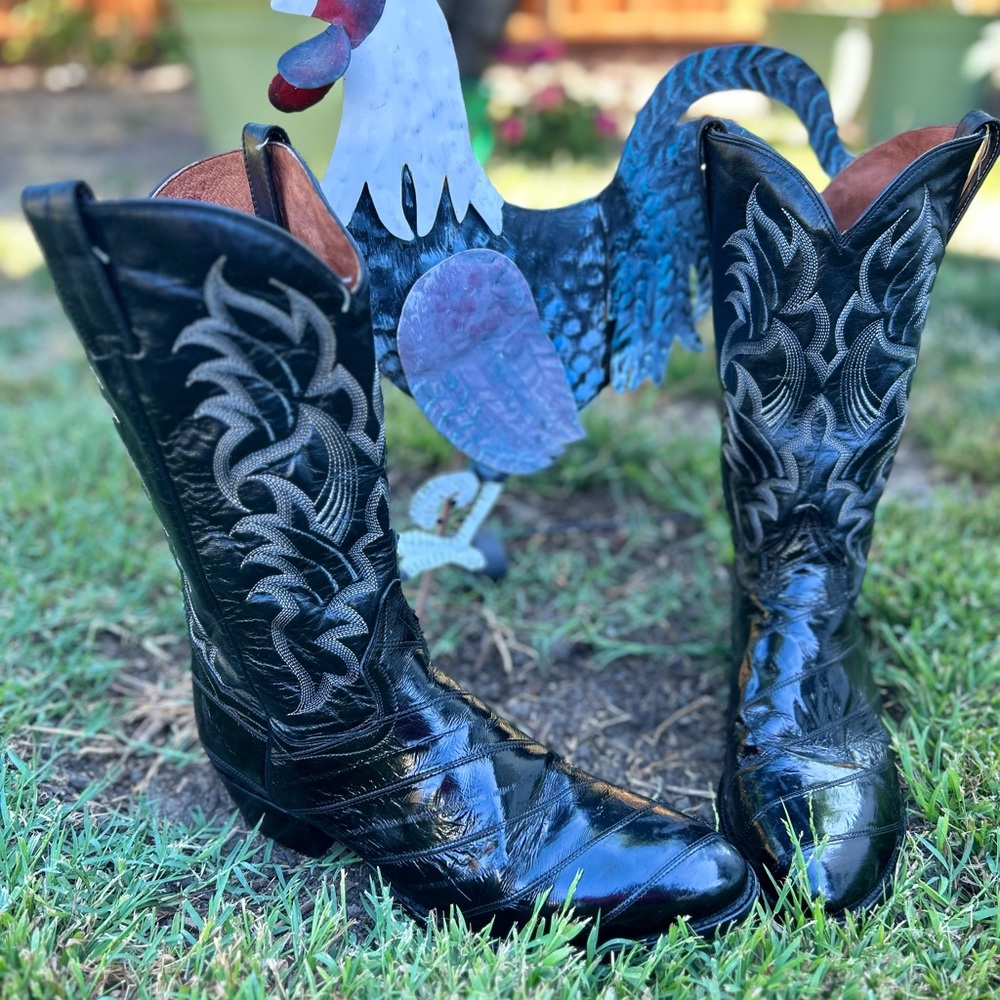 Black Eel Cowboy Boots with Embroidered Design